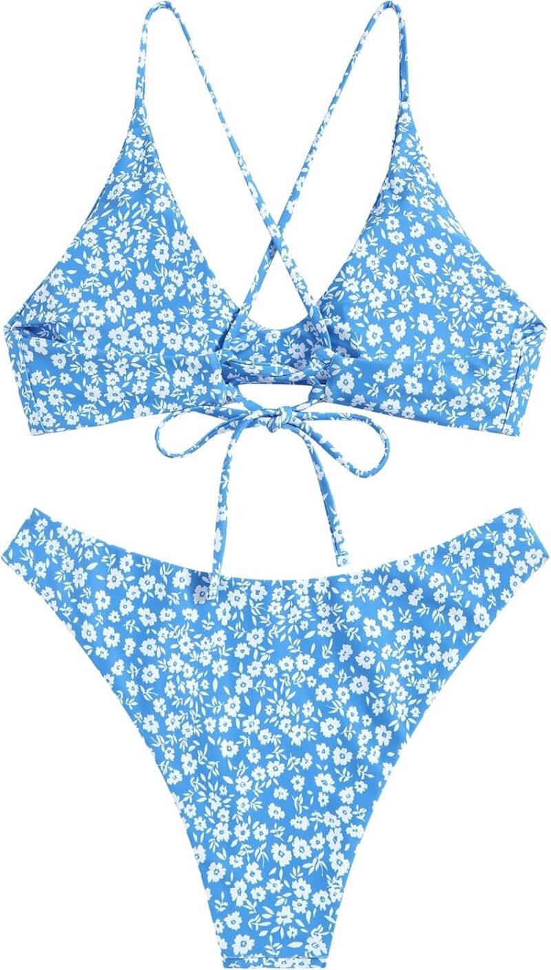 ZAFUL Women's Tie Back Padded High Cut Bralette Bikini Set Two Piece Swimsuit - Image 3