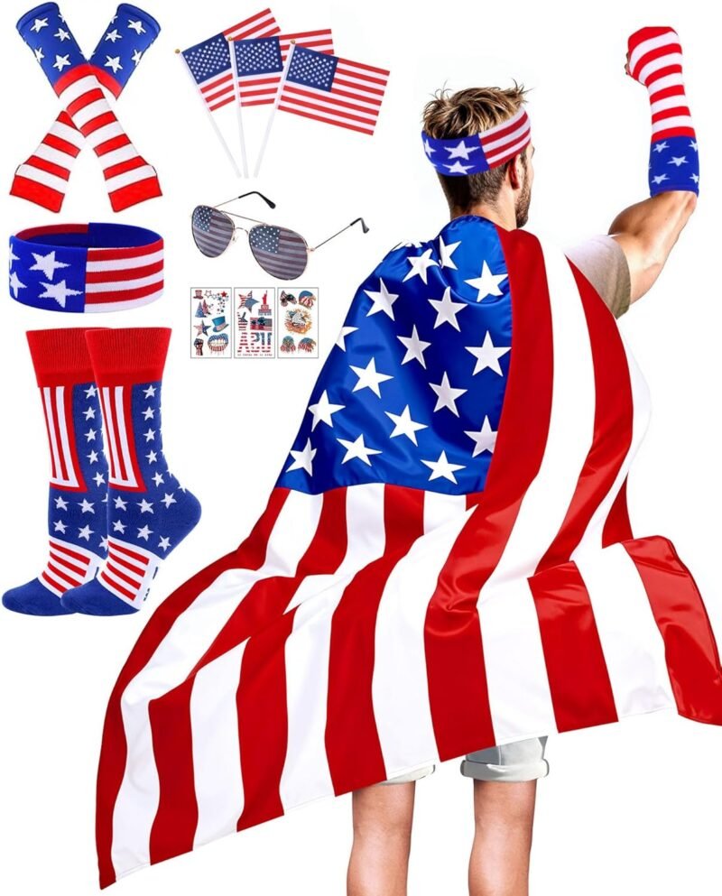 13 PCS 4th of July American Flag Costume Cape for Men Women, Red White and Blue Patriotic USA Flag Cloak Socks Sunglasses Accessories Set for Independence Day Celebration Halloween Party