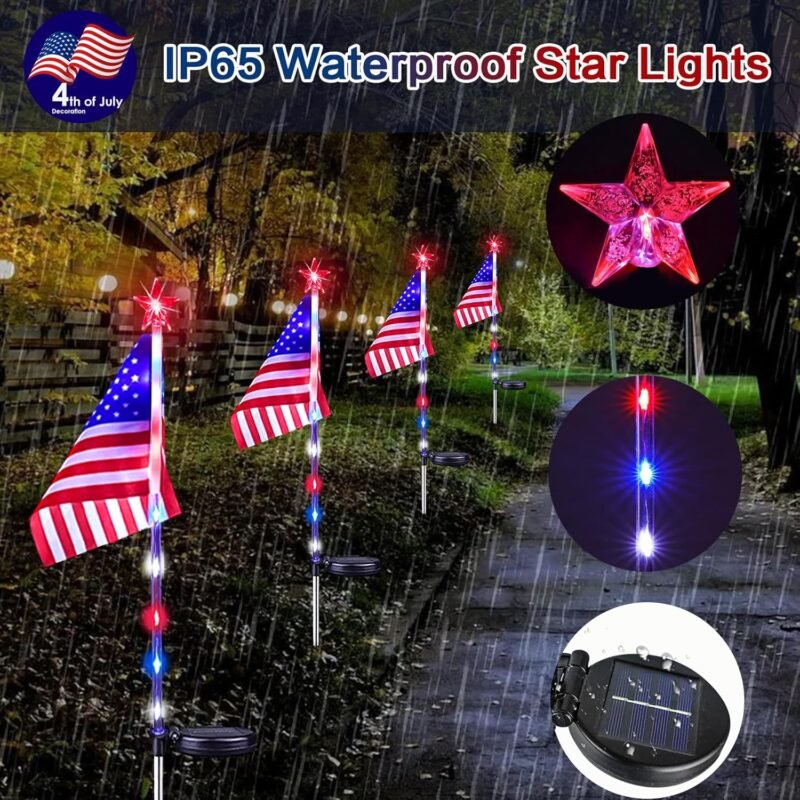 6 Pack 4th of July Decorations Outdoor Solar Lights, Red White and Blue Star Lights for National Day with American Flag, 2 Modes Waterproof Patriotic Light for Independence Memory Day Garden Yard Path - Image 6