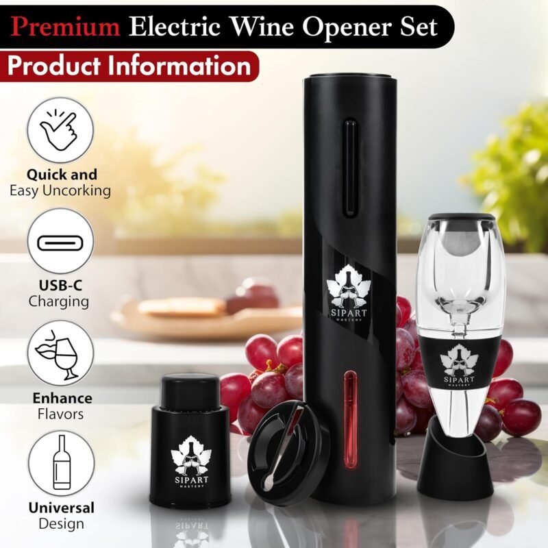 Electric Wine Opener Set - 5-in-1 Premium Wine Gift Set with Electric Opener, Aerator, Stopper, Foil Cutter & Gift Box– Rechargeable Wine Bottle Opener for Opening,Pouring & Preserving - Image 7