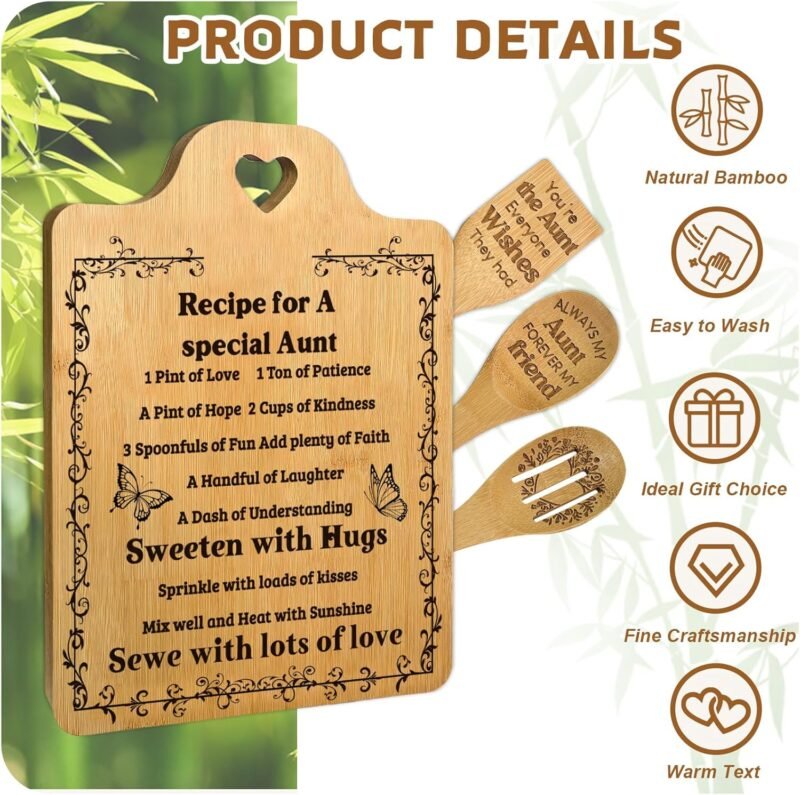 Personalized Aunt Gift, Recipe for a Special Aunt Cutting Board Set, Birthday and Christmas Gift for Aunt, Bamboo Kitchen Utensils Set with Engraved Messages - Image 4