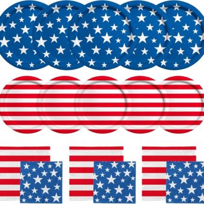 American Flag Patriotic Party Supplies Disposable dinner paper plates dessert paper plates Napkins and Cocktail napkins for Veterans Day Election Day 4th of July Independence Day Decorations, Serve 50