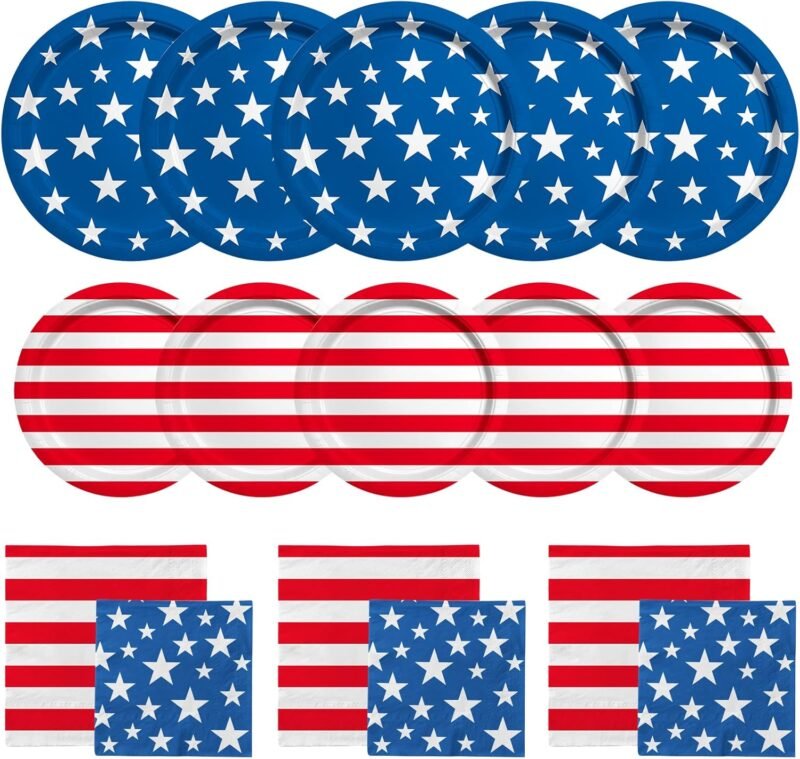 American Flag Patriotic Party Supplies Disposable dinner paper plates dessert paper plates Napkins and Cocktail napkins for Veterans Day Election Day 4th of July Independence Day Decorations, Serve 50