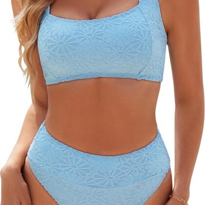 Blooming Jelly Womens High Waisted Bikini Set Tie Strap Jacquard Terry Cloth 2 Piece Swimsuit Modest Cute Retro Bathing Suit