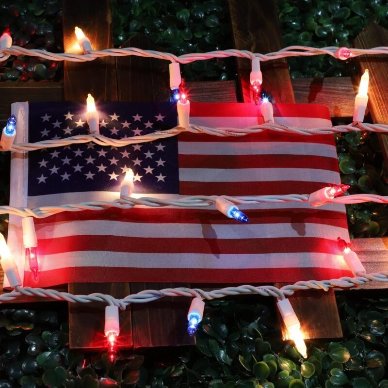 Patriotic String Lights - Red White Blue Mini Lights with White Wire - 19.6Ft 100 Count UL Certified String Lights for Independence Day Patriotic Holidays Decoration (Red, White & Blue) - Image 4