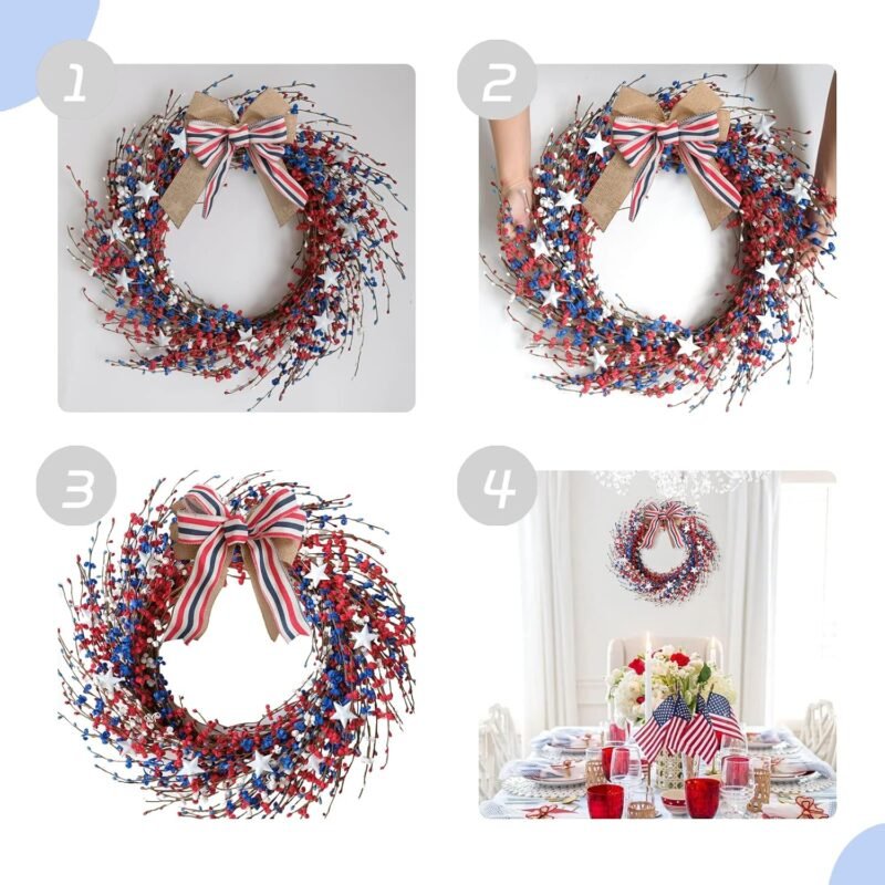 Idyllic 18 Inch Patriotic red White Blue Berries Leaves Wreath for Front Door, Memorial Day Burlap Bow Wreath for Home Decor, Independence Day Forth of July for Indoor and Outdoor - Image 4