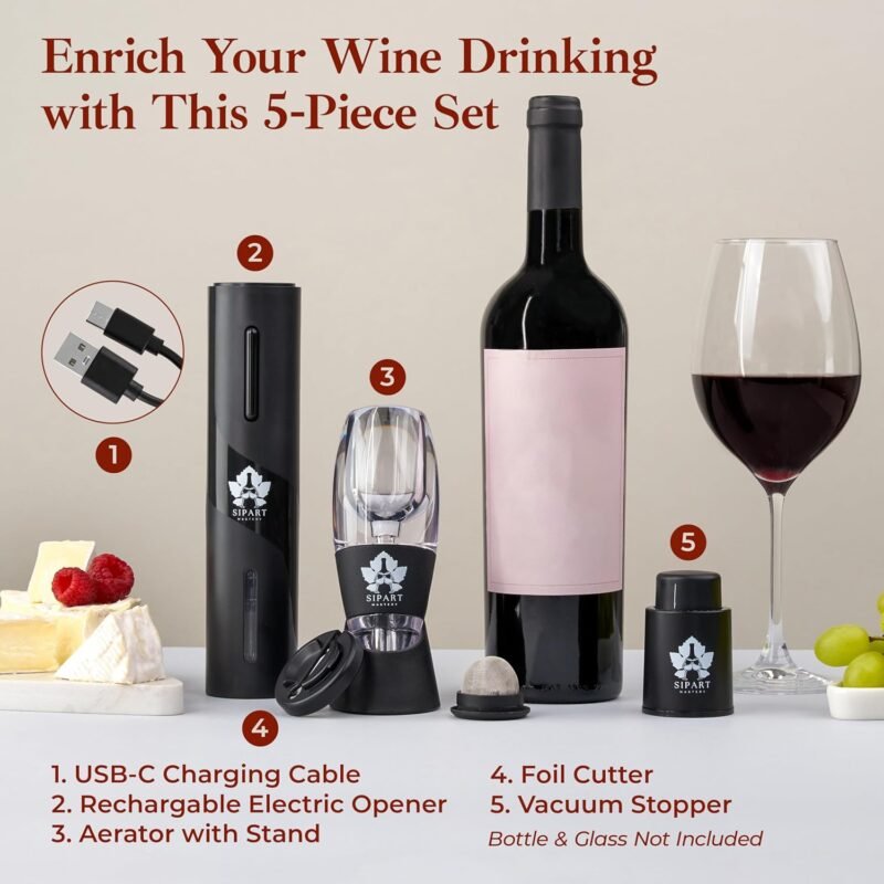 Electric Wine Opener Set - 5-in-1 Premium Wine Gift Set with Electric Opener, Aerator, Stopper, Foil Cutter & Gift Box– Rechargeable Wine Bottle Opener for Opening,Pouring & Preserving - Image 6
