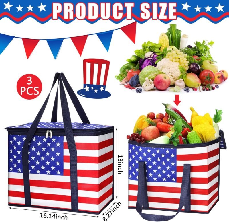Paterr 3 Pack 4th of July Insulated Reusable Grocery Bags Red White Blue American Flag Foldable Large Tote Cooler Bags with Hard Bottom and Handles Stands Upright Washable for Food Delivery Picnic - Image 2