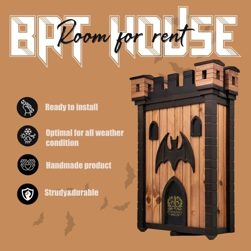 Furry & Fancy Bat Houses for Outdoors – Gothic Bathouse for Outdoors Hanging – Large 2-Chamber Bat Cave for Up to 80 Bats – Handmade Wooden Castle Bat House for Outside – Easy Installation - Image 2