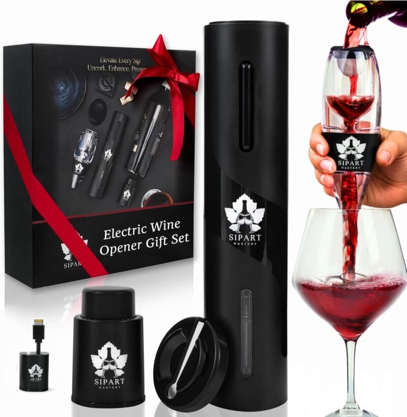 Electric Wine Opener Set - 5-in-1 Premium Wine Gift Set with Electric Opener, Aerator, Stopper, Foil Cutter & Gift Box– Rechargeable Wine Bottle Opener for Opening,Pouring & Preserving