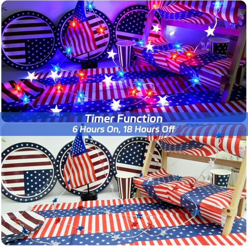 4th of July Lights Battery Operated, Red White and Blue Lights with Timer Outdoor Waterproof, 13ft 40LED Patriotic Star String Lights for Memorial Day Presidents Day Independence Day - Image 4