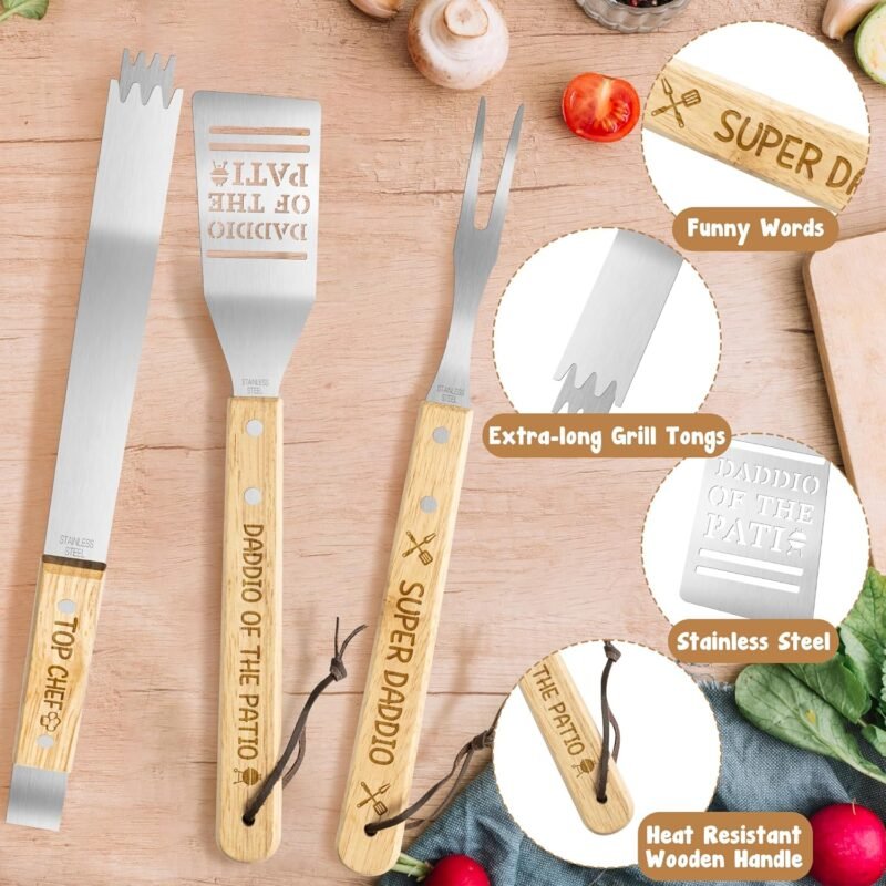 Haooryx Father's Day Grill Tools - 3Pcs Super Daddio Stainless Steel Grill Accessories Kit Tong Fork Spatula Top Chef Best Papa Dad Birthday Gift Outdoor BBQ Barbecue Camping Party Daddio Of The Patio - Image 3