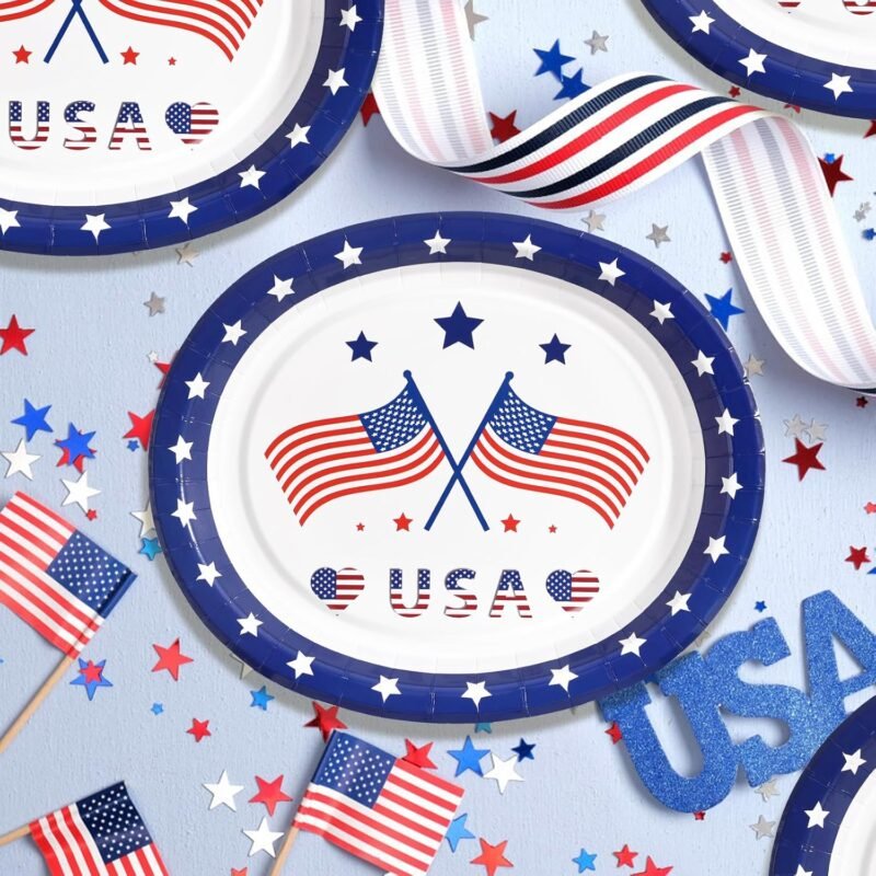 50 Count 4th of July Plates Oval Blue Paper Plates 12 inch x 10 inch - Patriotic Decorations for Independence Day, 4th of July Party Supplies - Image 3
