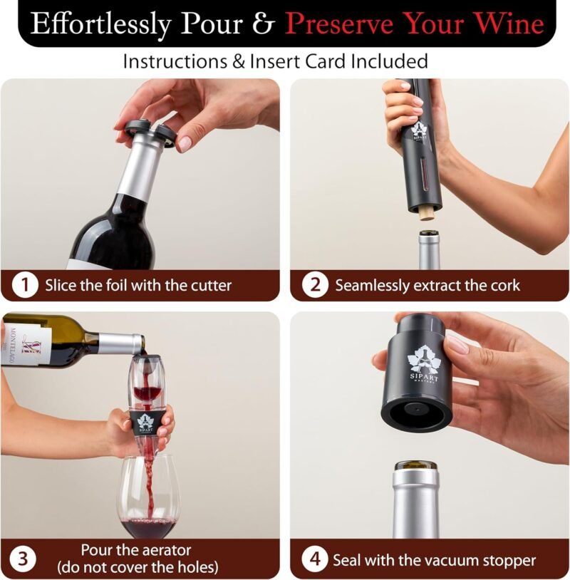 Electric Wine Opener Set - 5-in-1 Premium Wine Gift Set with Electric Opener, Aerator, Stopper, Foil Cutter & Gift Box– Rechargeable Wine Bottle Opener for Opening,Pouring & Preserving - Image 4