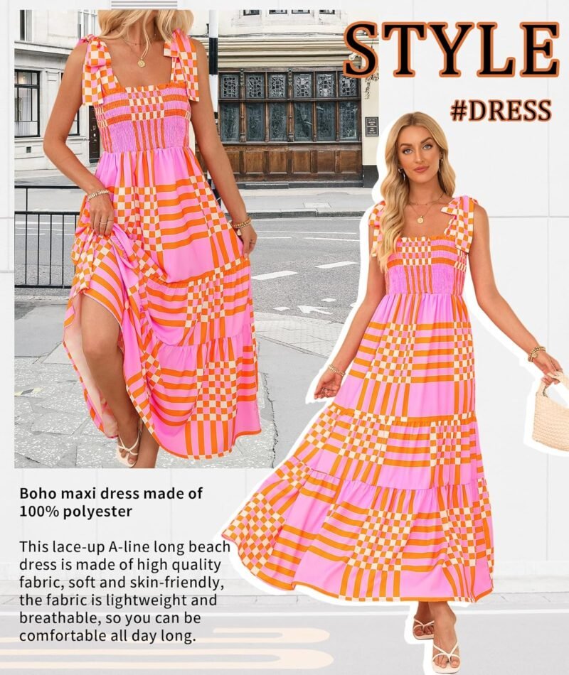Women's Summer Maxi Dress Boho Spaghetti Straps Casual Long A-line Smocked Beach Dress Square Neck Flowy Sun Dress - Image 3