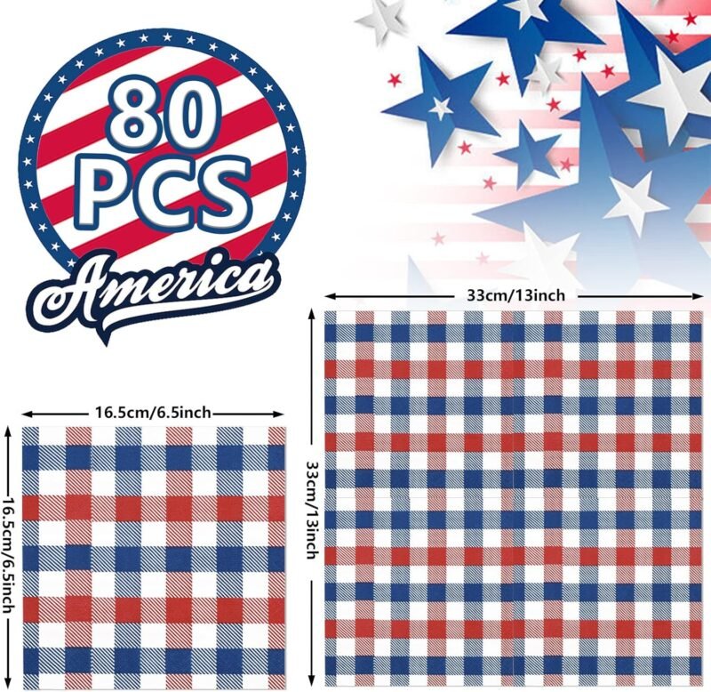 Whaline 80 Pack Patriotic Napkins 6.5 x 6.5 Inch Buffalo Plaid Paper Napkins Red Blue White 4th of July Disposable Napkins Patriotic Dinner Napkins for Independence Day Party Supplies Table Decor - Image 2