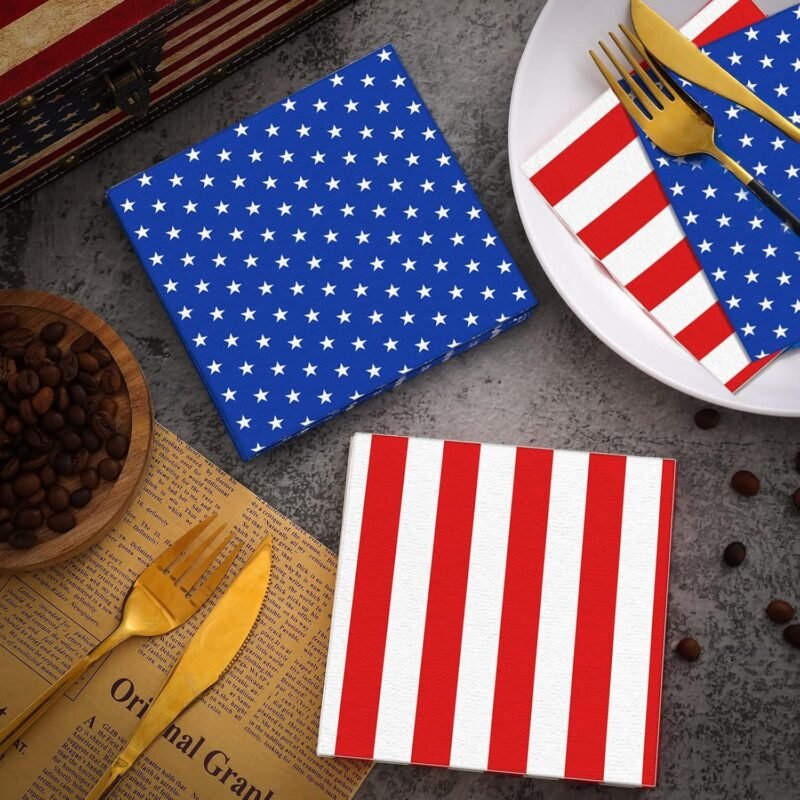 Nuanchu 200 Pcs American Flag Napkins 4th of July Patriotic Red White and Blue Disposable Paper Cocktail Napkins for Veterans Day Election Independence Day Decorations(Stars and Stripes) - Image 3