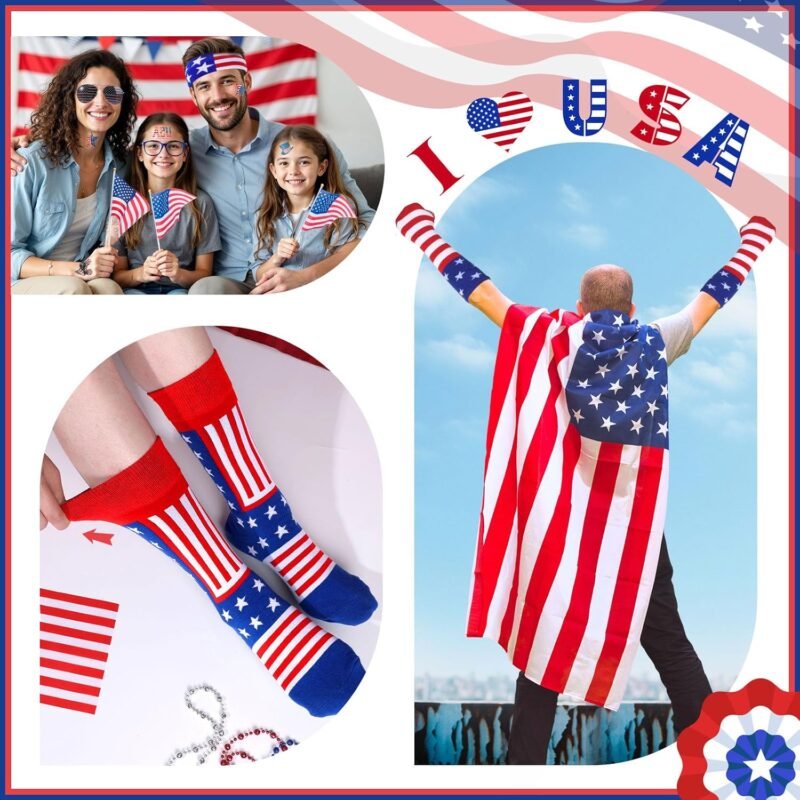13 PCS 4th of July American Flag Costume Cape for Men Women, Red White and Blue Patriotic USA Flag Cloak Socks Sunglasses Accessories Set for Independence Day Celebration Halloween Party - Image 5