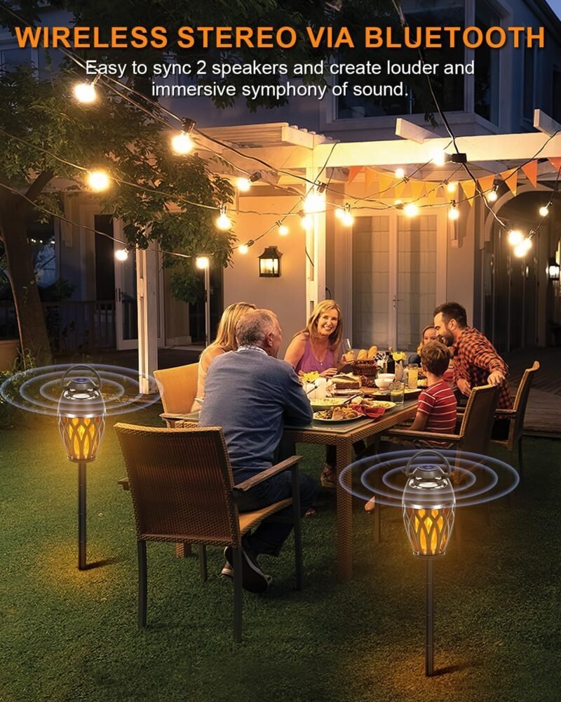 2 Pack Outdoor Bluetooth Speakers,Wireless Speaker with LED Flame Speaker BT 5.0,Waterproof Torch Lantern for Patio Pool Party,Gifts for Women Men - Image 2