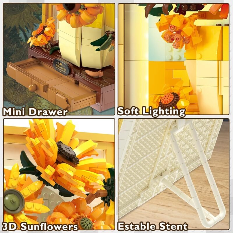 JMBricklayer Flowers Sunflower Building Sets for Adult with Lights 70004, Van Gogh Wall Art Crafts Ideas Flower Bouquet, Painting Frame Room Decor, Valentine’s Day Birthday Gifts for Women Girl - Image 5