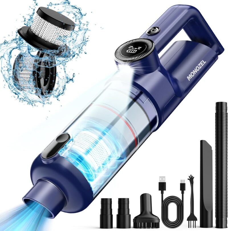 Handheld Vacuum Cordless - Car Vacuum Cleaner with Brushless Motor, 15000Pa Powerful Suction with LED Light, Type C Cable, 2 Fliters, Portable Hand Vacuum for Home, Car, and Office