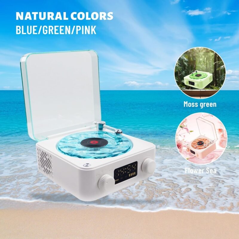 AVIF Wave Vinyl Bluetooth Speaker with Adjustable Ambient Lights,Music Player with 4 Modes,Vintage Record Model Players with Time,Small Record Player for Room Desk,Waves Speaker (White) - Image 7