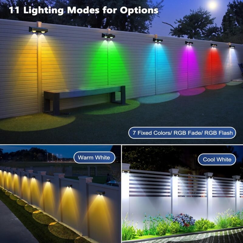 Brizled Solar Fence Lights Outdoor, 8 Pack 11 Modes & 9 Colors - Warm White/Cool White/RGB Color Changing Solar Wall Lights, 100 Lumens IP65 Waterproof Outdoor Lighting for Railing Wall Fence Deck - Image 2