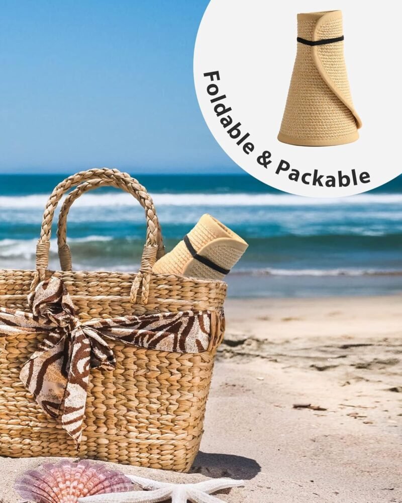 FURTALK Sun Hats for Women Wide Brim Beach Hat Straw Visor Ponytail Summer UV Packable Foldable Beach Vacation Essentials - Image 5