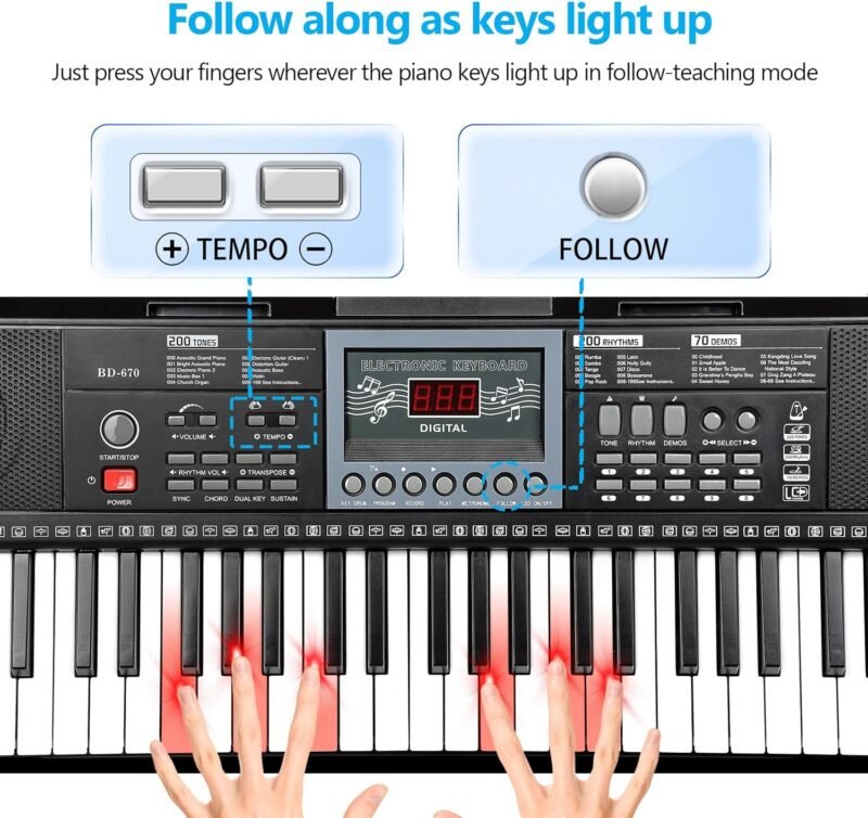 61 Key Keyboard Piano for Beginners with Stand Bench, Lighted Keys in Follow Mode, 70 Demos, 200 Tones/Rhythms, Pitch Bend, Metronome, Sustain, Sync, Chord, Dual Key, Key Drum, Program - Image 2