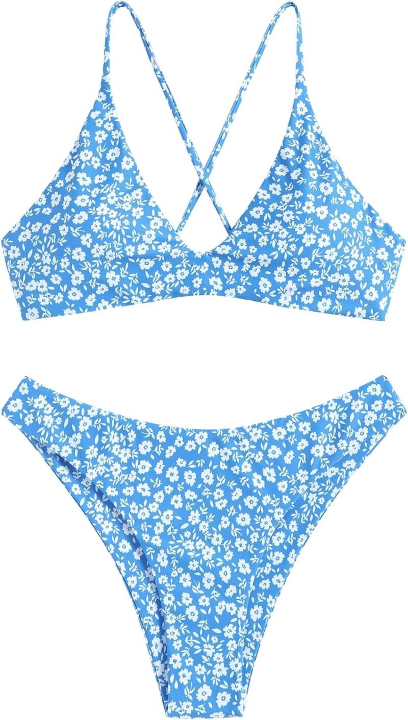 ZAFUL Women's Tie Back Padded High Cut Bralette Bikini Set Two Piece Swimsuit - Image 2
