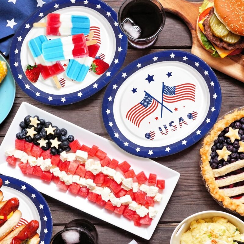50 Count 4th of July Plates Oval Blue Paper Plates 12 inch x 10 inch - Patriotic Decorations for Independence Day, 4th of July Party Supplies - Image 4