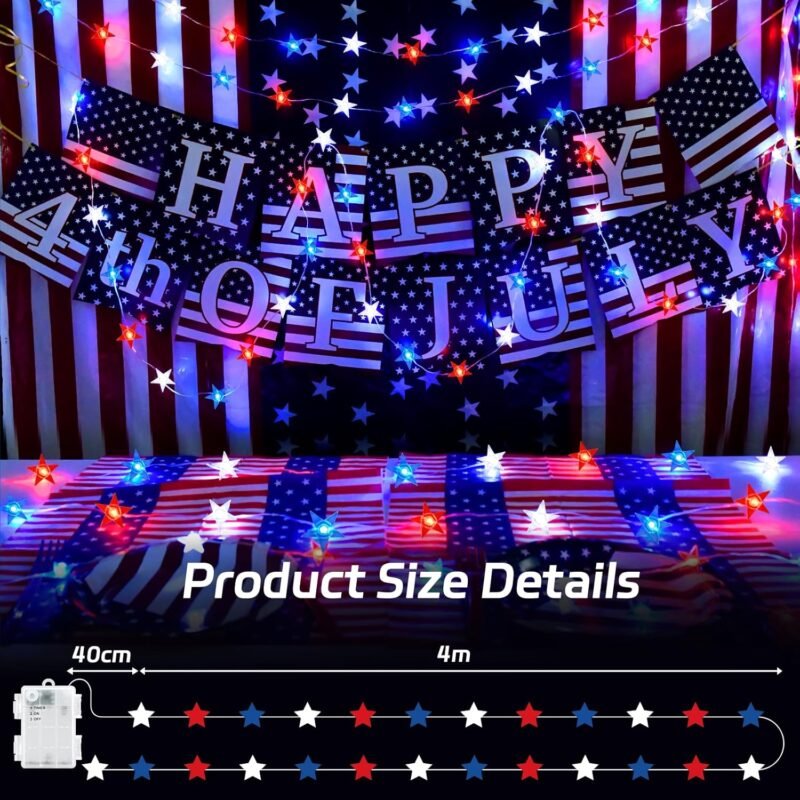 4th of July Lights Battery Operated, Red White and Blue Lights with Timer Outdoor Waterproof, 13ft 40LED Patriotic Star String Lights for Memorial Day Presidents Day Independence Day - Image 6