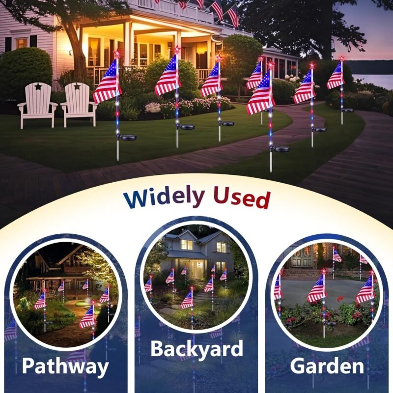 6 Pack 4th of July Decorations Outdoor Solar Lights, Red White and Blue Star Lights for National Day with American Flag, 2 Modes Waterproof Patriotic Light for Independence Memory Day Garden Yard Path - Image 2