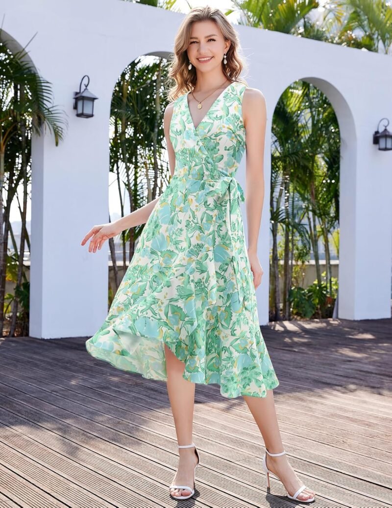 Dressystar Women's Summer Floral V Neck Wrap Boho Dress Sleeveless Ruffle A Line Flowy Beach Casual Midi Dresses - Image 5