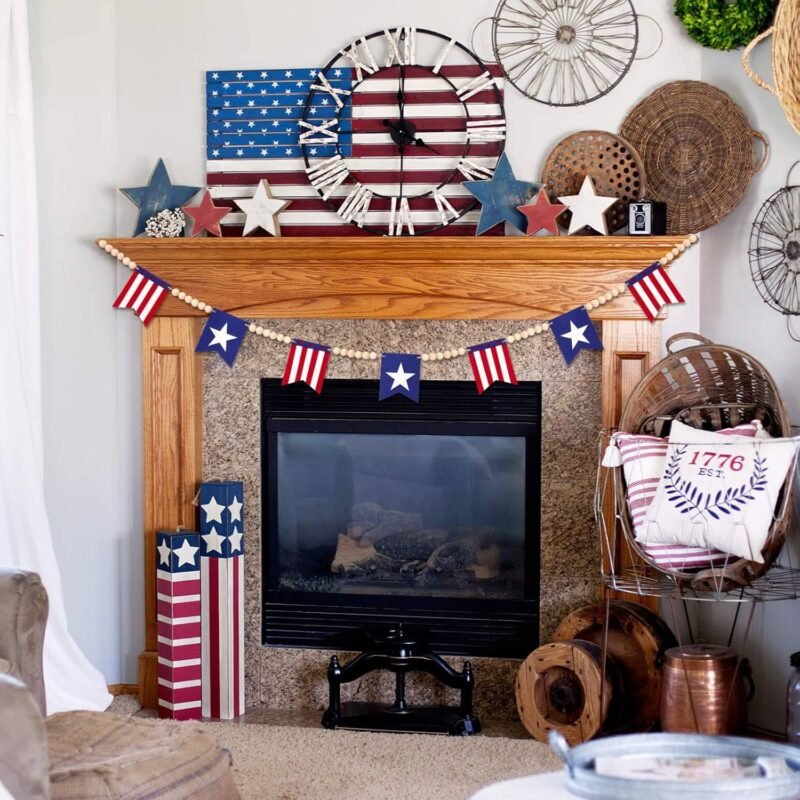 5.1 FT 4th of July Patriotic American Flag Wood Bead Garland Banner - Independence Day Decorations for Fireplace Mantle, Red White Blue Decor for Memorial Day, Veterans Day & Party Supplies - Image 3