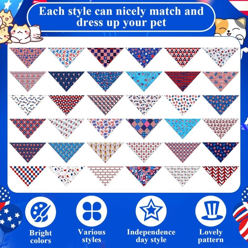 72 Pcs 4th of July Dog Bandanas Bulk Independence Day Triangle Scarf Patriotic Cat Bibs Puppy Scarf Red White and Blue Pet Bandanas for Puppy Cat Birthday Party Costume - Image 3
