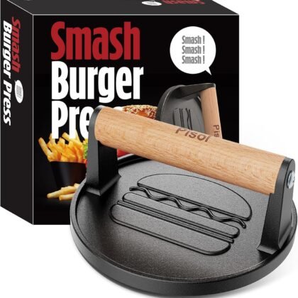 Smash Burger Press, Pre-Seasoned Cast Iron Hamburger Smasher, 2 lb Heavy-Duty Grill Bacon Meat Press Tool with Wood Handle, 6.6”