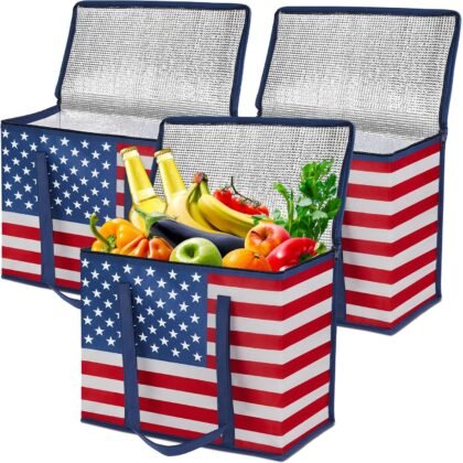 3Pack Insulated Reusable Grocery Bags American flag Collapsible Food Delivery Bag Patriotic Heavy Duty Large Shopping Bag Tote Bags Container with Zippered Top for Hot Cold Food Carrier Travel