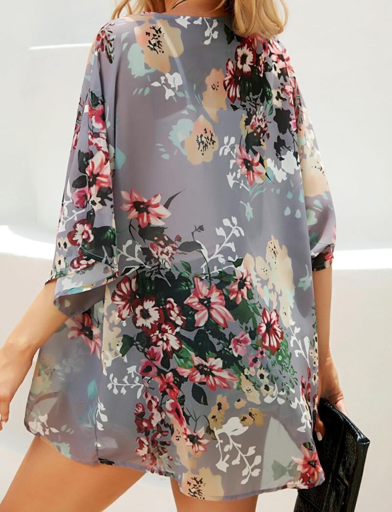 Women's Floral Print Puff Sleeve Kimono Cardigan Loose Cover Up Casual Blouse Tops - Image 6
