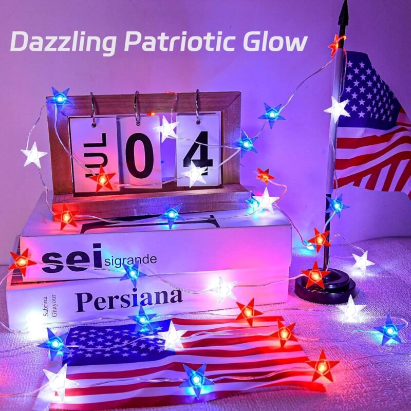 4th of July Lights Battery Operated, Red White and Blue Lights with Timer Outdoor Waterproof, 13ft 40LED Patriotic Star String Lights for Memorial Day Presidents Day Independence Day - Image 2