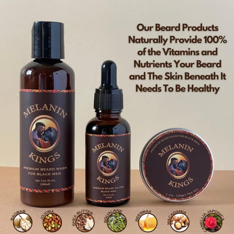 Melanin Kings Beard Grooming Kit for Men - Formulas With Ancient African Natural Ingredients | Beard Wash, Oil, Balm, Brush, Comb, Trimming Scissors - Image 3
