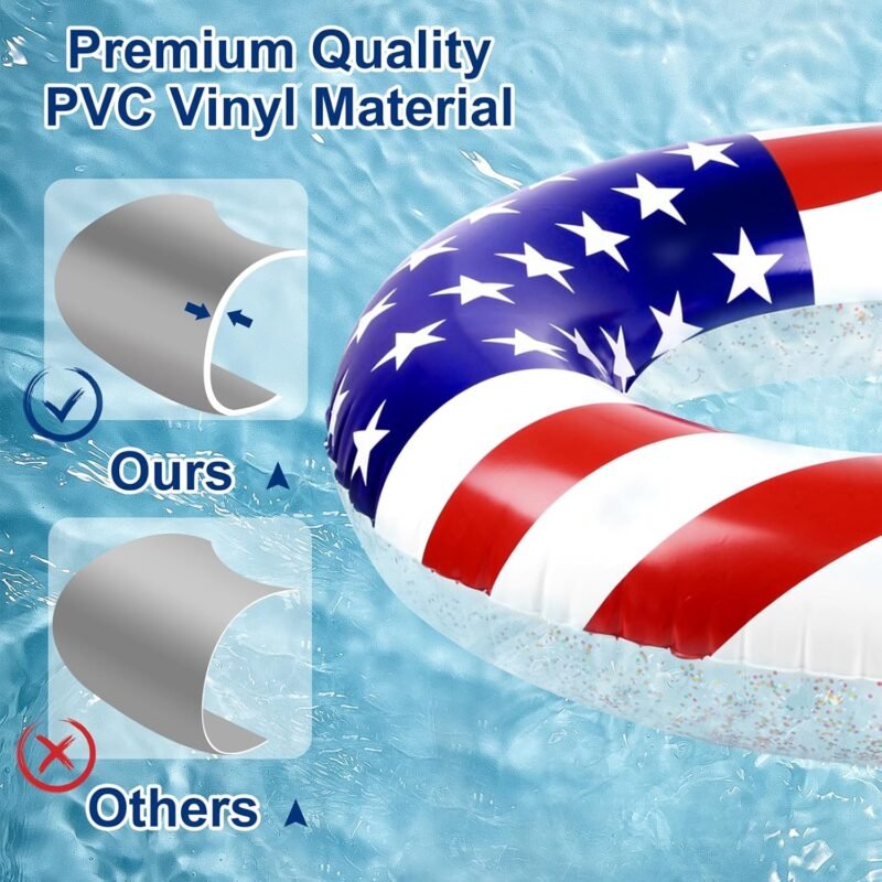 Elcoho 2 Pack Inflatable USA Pool Float Tube USA Flag Swimming Rings Filled with Sparkle Silver Stars Confetti 36 Inches Patriotic Toys Pool Float for Independence Day, Memorial Day, Veterans Day - Image 4