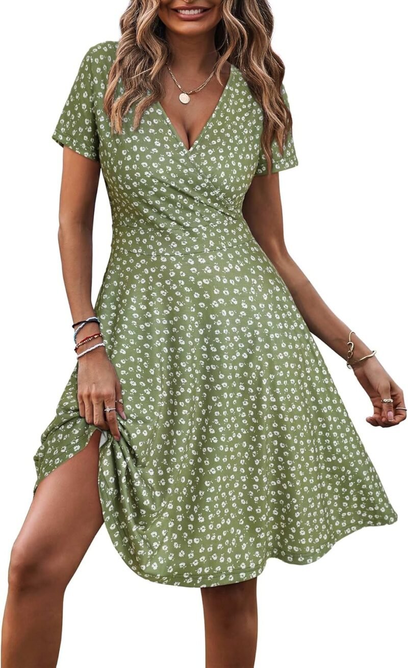 MSBASIC Womens Summer Wrap V Neck Casual Dresses Floral Short Sleeve A-Line Midi Sundress - Image 2