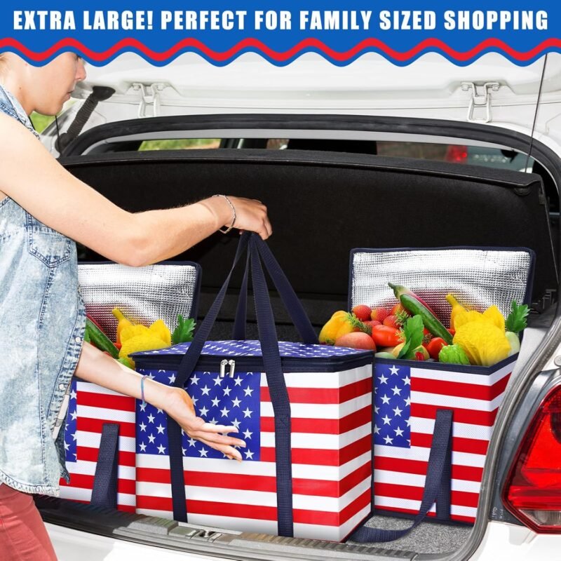 Paterr 3 Pack 4th of July Insulated Reusable Grocery Bags Red White Blue American Flag Foldable Large Tote Cooler Bags with Hard Bottom and Handles Stands Upright Washable for Food Delivery Picnic - Image 7