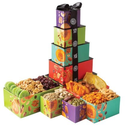 Dried Fruit and Nuts Gift Basket Tower with Black Ribbon Gift Basket, 5 Tier Gourmet Arrangement Platter, Healthy Kosher Snack Box for Birthday, Anniversary by Oh Nuts