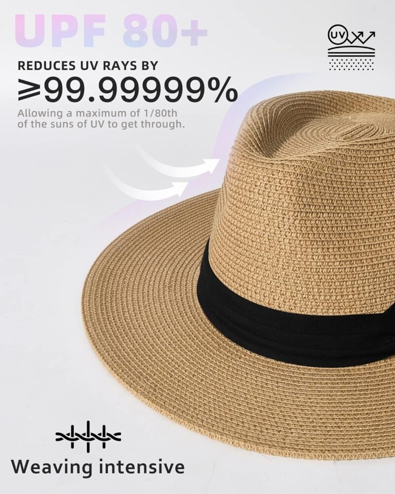 FURTALK Womens Mens Wide Brim Straw Panama Hat Fedora Summer Beach Sun Hats UPF Straw Hat for Women - Image 2