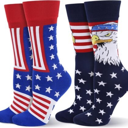 2 Pairs 4th Of July American Flag Socks Men Women, Funny Patriotic Red White and Blue Star Stripe USA Eagle Crew Socks for Freedom Independence Day Gifts