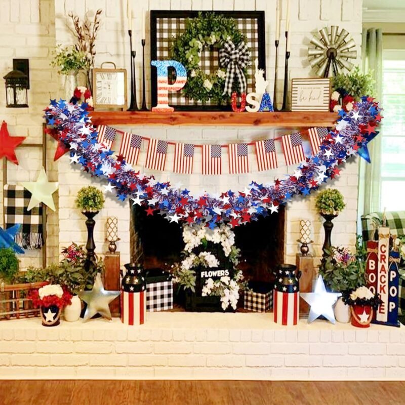 4th of July Garland Decorations,50Ft Glitter Tinsel Patriotic Decor for Tree Car Golf Cart Parade Float Bike Party Table Yard Door Boat Indoor Outdoor Holiday Home - Image 6