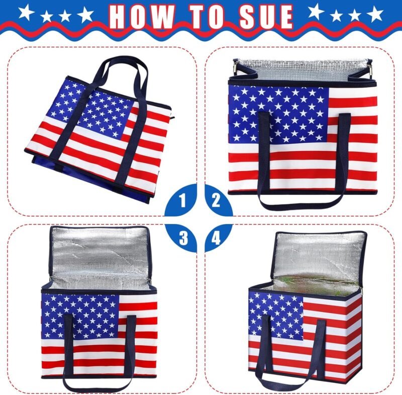 Paterr 3 Pack 4th of July Insulated Reusable Grocery Bags Red White Blue American Flag Foldable Large Tote Cooler Bags with Hard Bottom and Handles Stands Upright Washable for Food Delivery Picnic - Image 5