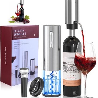 4-in-1 Rechargeable Electric Wine Opener Wine Aerator Gift Set with Electric Wine Decanter, Wine Stopper, Foil Cutter, Automatic Electric Wine Bottle Opener for Home Bar Parties, Stainless Steel